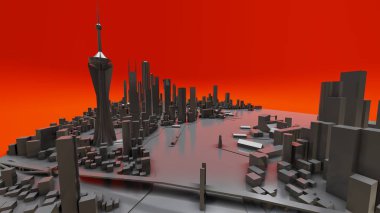 Modern şehrin üç boyutlu manzarası var. Metropolün büyük yerleşim yeri. 3B görüntüleme.