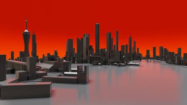 Modern şehrin üç boyutlu manzarası var. Metropolün büyük yerleşim yeri. 3B görüntüleme.