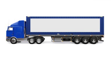 Bir uyku parçası ve aerodinamik uzantısı ile büyük bir retro kamyon bir deniz konteyner ile bir römork taşır. Kamyonun yan tarafında tasarım için boş beyaz bir poster. 3d render.