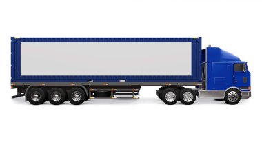 Bir uyku parçası ve aerodinamik uzantısı ile büyük bir retro kamyon bir deniz konteyner ile bir römork taşır. Kamyonun yan tarafında tasarım için boş beyaz bir poster. 3d render.