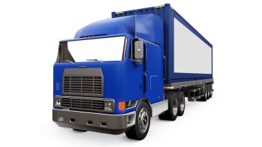 Bir uyku parçası ve aerodinamik uzantısı ile büyük bir retro kamyon bir deniz konteyner ile bir römork taşır. Kamyonun yan tarafında tasarım için boş beyaz bir poster. 3d render.