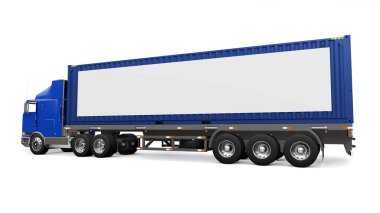 Bir uyku parçası ve aerodinamik uzantısı ile büyük bir retro kamyon bir deniz konteyner ile bir römork taşır. Kamyonun yan tarafında tasarım için boş beyaz bir poster. 3d render.
