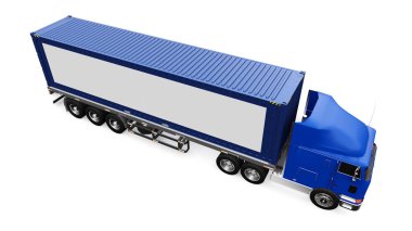 Bir uyku parçası ve aerodinamik uzantısı ile büyük bir retro kamyon bir deniz konteyner ile bir römork taşır. Kamyonun yan tarafında tasarım için boş beyaz bir poster. 3d render.