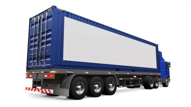 Bir uyku parçası ve aerodinamik uzantısı ile büyük bir retro kamyon bir deniz konteyner ile bir römork taşır. Kamyonun yan tarafında tasarım için boş beyaz bir poster. 3d render.