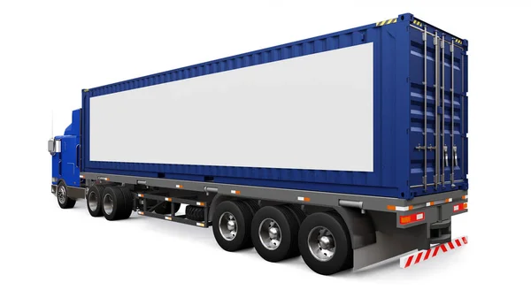 A large retro truck with a sleeping part and an aerodynamic extension carries a trailer with a sea container. On the side of the truck is a blank white poster for your design. 3d rendering. — Stock Photo, Image