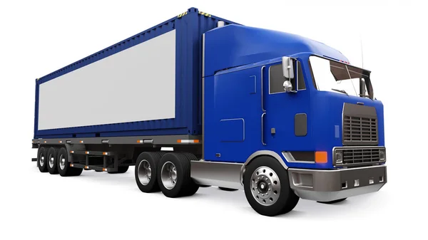 Un camión retro grande con una parte dormida y una extensión aerodinámica lleva un remolque con un contenedor de mar. En el lado del camión hay un cartel blanco en blanco para su diseño. renderizado 3d . — Foto de Stock