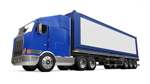 Ένα μεγάλο ρετρό φορτηγό με μέρος ύπνου και μια αεροδυναμική επέκταση μεταφέρει ένα τρέιλερ με ένα δοχείο θαλάσσης. Από την πλευρά του φορτηγού είναι μια κενή λευκή αφίσα για το σχέδιό σας. απόδοση 3D. — Φωτογραφία Αρχείου