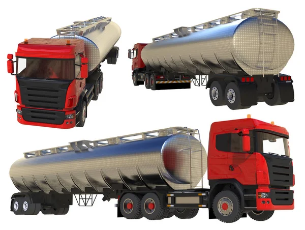 Large red truck tanker with a polished metal trailer. Views from all sides. A set of images. 3d illustration. — Stock Photo, Image