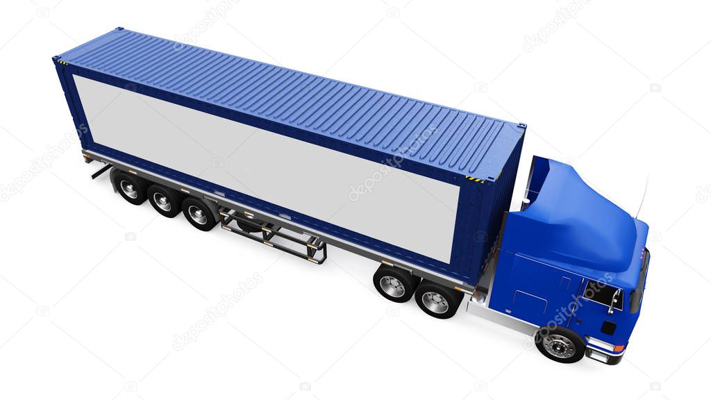 A large retro truck with a sleeping part and an aerodynamic extension carries a trailer with a sea container. On the side of the truck is a blank white poster for your design. 3d rendering.