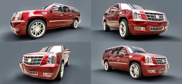 Nastavit velké červené nadstandardní SUV na šedém pozadí. prostorové vykreslování. — Stock fotografie