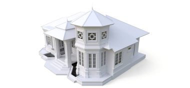 Victoria tarzı eski evde. Resimde beyaz arka plan üzerinde. Farklı türlerden. 3D render.
