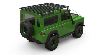 Yeşil eski küçük Suv zor yollar ve seferler için ayarlanmış. 3d render.