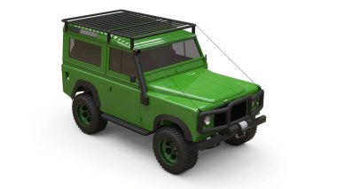 Yeşil eski küçük Suv zor yollar ve seferler için ayarlanmış. 3d render.