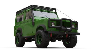Yeşil eski küçük Suv zor yollar ve seferler için ayarlanmış. 3d render.