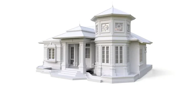 Oud huis in Victoriaanse stijl. Illustratie op witte achtergrond. Soorten van verschillende kanten. 3D-rendering. — Stockfoto