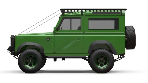 Green old small SUV tuned for difficult routes and expeditions. 3d rendering.