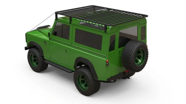 Verde viejo pequeño SUV sintonizado para rutas difíciles y expediciones. renderizado 3d . — Foto de Stock