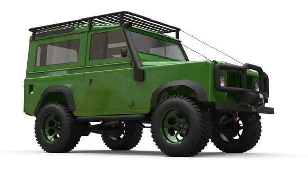 Green old small SUV tuned for difficult routes and expeditions. 3d rendering.