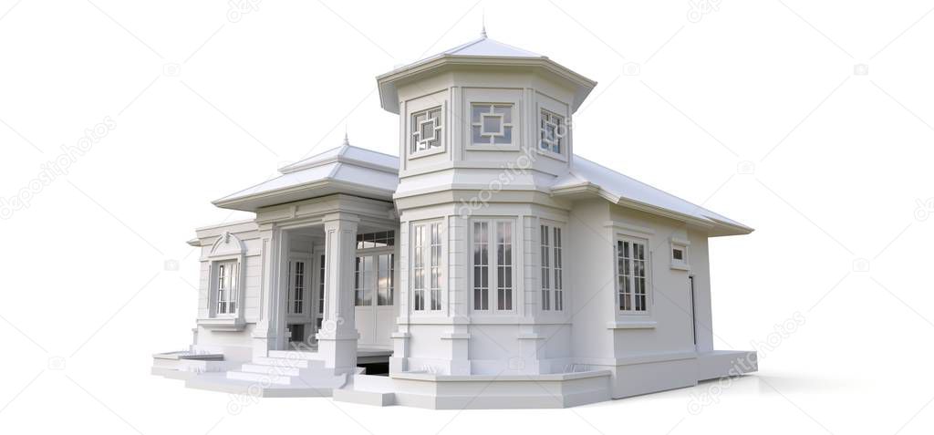 Old house in Victorian style. Illustration on white background. Species from different sides. 3d rendering.