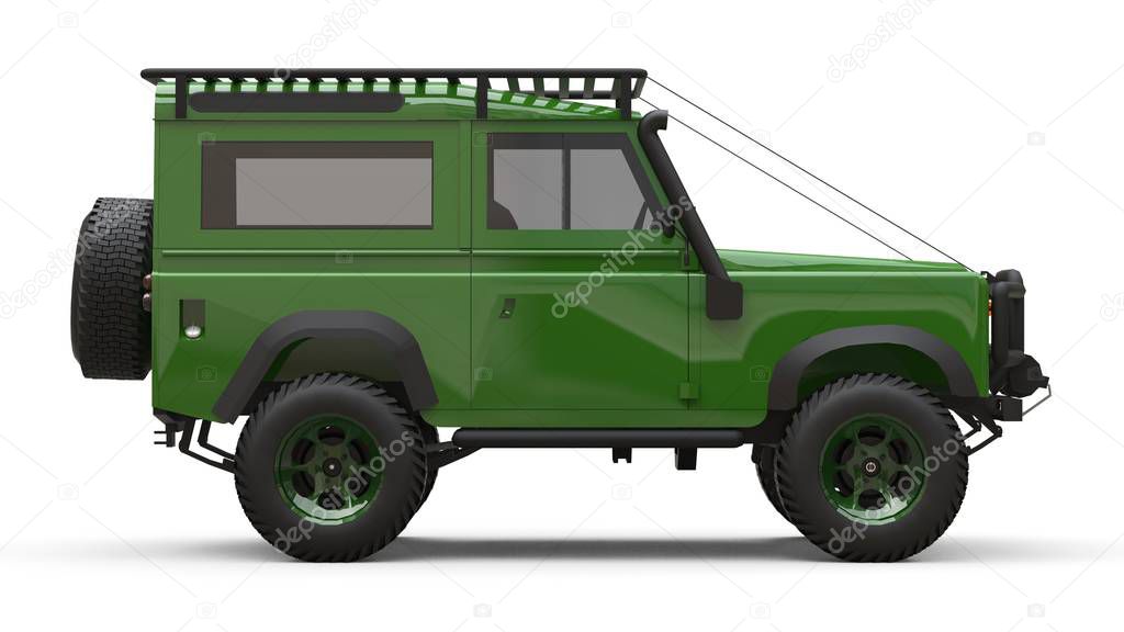 Green old small SUV tuned for difficult routes and expeditions. 3d rendering.