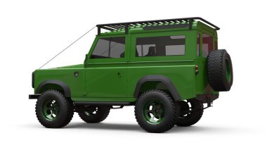 Yeşil eski küçük Suv zor yollar ve seferler için ayarlanmış. 3d render.