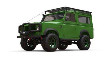 Yeşil eski küçük Suv zor yollar ve seferler için ayarlanmış. 3d render.