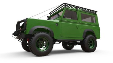 Yeşil eski küçük Suv zor yollar ve seferler için ayarlanmış. 3d render.