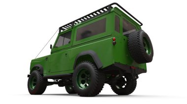 Yeşil eski küçük Suv zor yollar ve seferler için ayarlanmış. 3d render.
