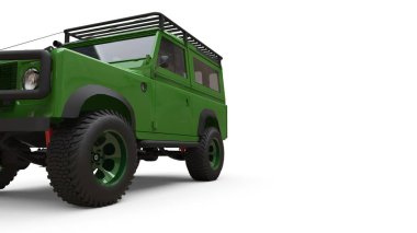 Yeşil eski küçük Suv zor yollar ve seferler için ayarlanmış. 3d render.