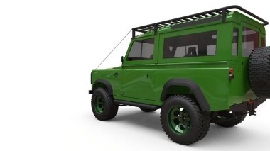 Yeşil eski küçük Suv zor yollar ve seferler için ayarlanmış. 3d render.
