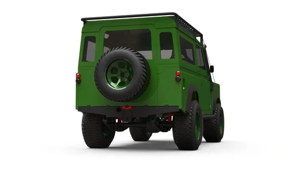 Grön gammal liten SUV trimmad för svåra rutter och expeditioner. 3D-rendering. — Stockfoto