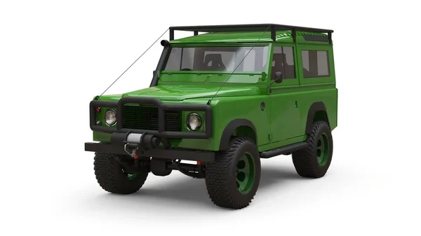 Green old small SUV tuned for difficult routes and expeditions. 3d rendering. — Stock Photo, Image