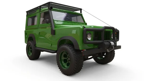 녹색 오래된 작은 SUV는 어려운 경로와 탐험을 위해 조정. 3D 렌더링. — 스톡 사진