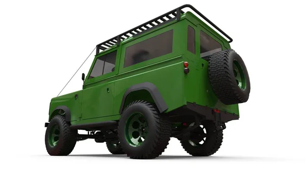 Green old small SUV tuned for difficult routes and expeditions. 3d rendering.