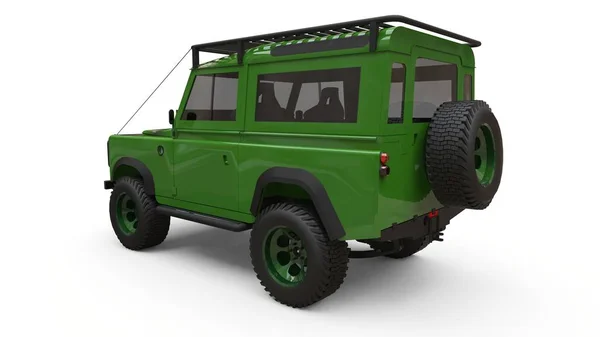 Green old small SUV tuned for difficult routes and expeditions. 3d rendering.