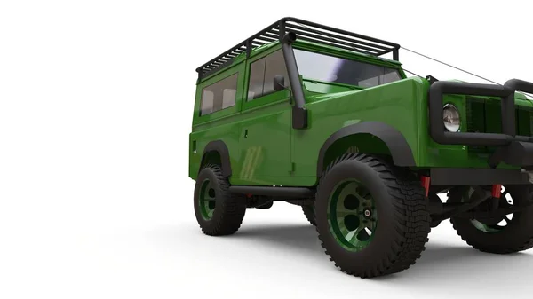 Green old small SUV tuned for difficult routes and expeditions. 3d rendering.