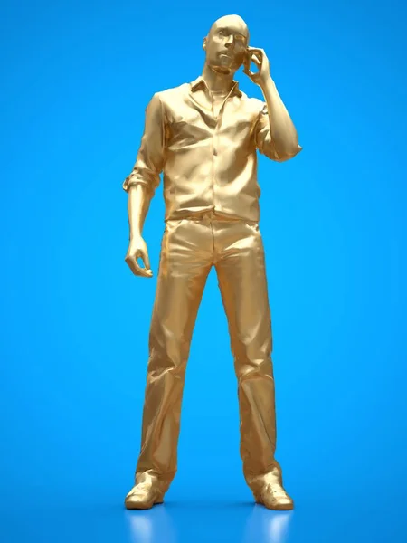 Goldfigur eines schwarzen Mannes, der am Telefon spricht. 3D-Darstellung. — Stockfoto