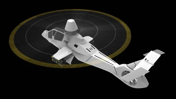 Moderner Armeehubschrauber im Flug mit voller Waffenausstattung auf schwarzem Hintergrund. 3D-Illustration. — Stockfoto