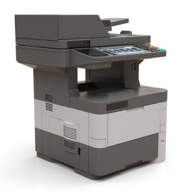 Beyaz arka planda lazer yazıcı. 3d illüstrasyon.