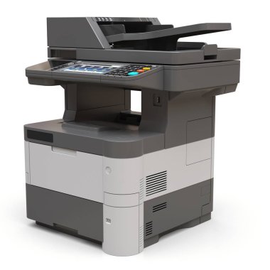 Beyaz arka planda lazer yazıcı. 3d illüstrasyon.