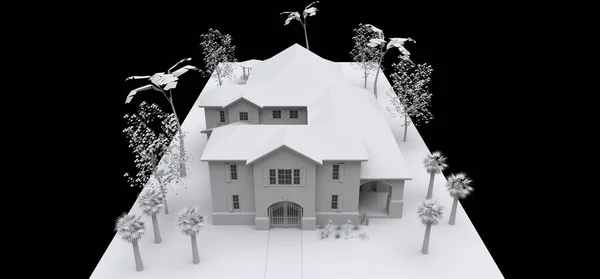 Большой дом с садом и бассейном. 3D модель в белом на черном фоне. 3d иллюстрация . — стоковое фото