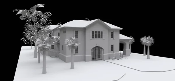 Grande casa con giardino e piscina. Modello 3d in bianco su sfondo nero. Illustrazione 3d . — Foto Stock