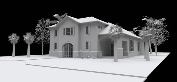 Gran casa con jardín y piscina. modelo 3d en blanco sobre fondo negro. ilustración 3d . — Foto de Stock