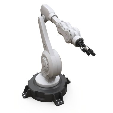 Bir fabrikada veya üretimdeki her iş için robot kolu. Karmaşık görevler için mekanik ekipman. 3d illüstrasyon.