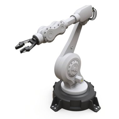 Bir fabrikada veya üretimdeki her iş için robot kolu. Karmaşık görevler için mekanik ekipman. 3d illüstrasyon.
