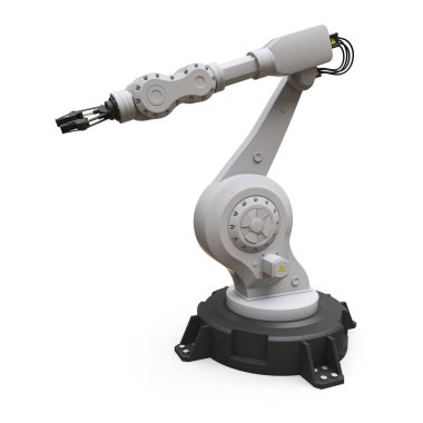 Bir fabrikada veya üretimdeki her iş için robot kolu. Karmaşık görevler için mekanik ekipman. 3d illüstrasyon.