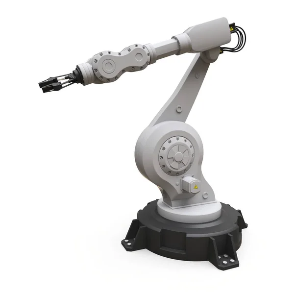 공장이나 생산 공장에서 일할 때는 로봇팔을 사용 한다. 복잡 한 업무를 위한 고질적 인 장비. 3d 삽화. — 스톡 사진