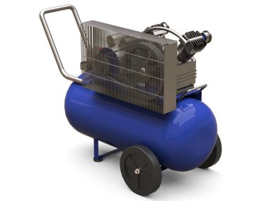 Mavi yatay hava kompresörü beyaz bir arka plan üzerinde izole. 3d illüstrasyon.