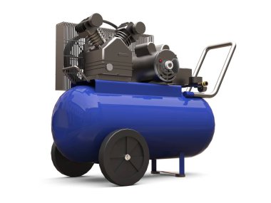 Mavi yatay hava kompresörü beyaz bir arka plan üzerinde izole. 3d illüstrasyon.