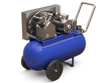 Mavi yatay hava kompresörü beyaz bir arka plan üzerinde izole. 3d illüstrasyon.